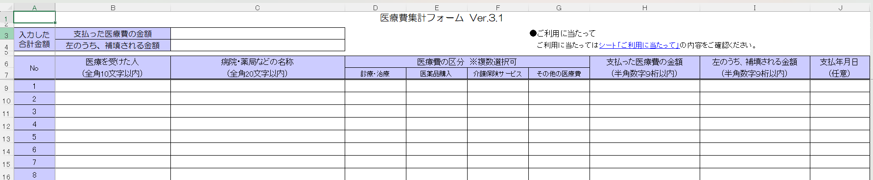 医療費集計フォームの画像