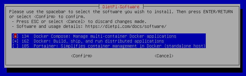 DietPi Software でDockerを選択